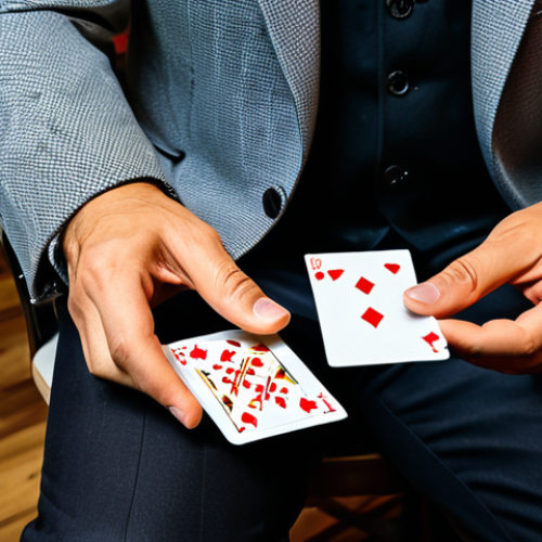 A professional male magician, fully clothed in a modest, modern suit, skillfully performing a close-up card trick at a polished wooden table. His hands are in a natural pose, expertly manipulating a deck of cards, ensuring perfect anatomy, correct proportions, and proper finger count. A small group of audience members, also fully clothed in appropriate attire, watch with expressions of genuine wonder and amazement. The setting is an intimate, softly lit café, creating a warm and engaging atmosphere. This image is safe for work, appropriate content, family-friendly, professional photography, high quality.
